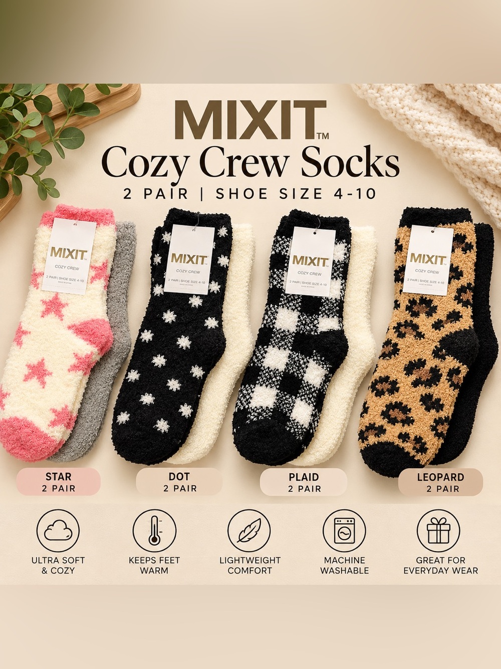 MIXIT Cozy Crew Socks – 8 Pairs – 4 Styles – Shoe Size 4-10 – New